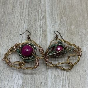 Wire Wrapped Abstract Dangle Cage‎ Unique Gemstone Earrings Art To Wear Pink